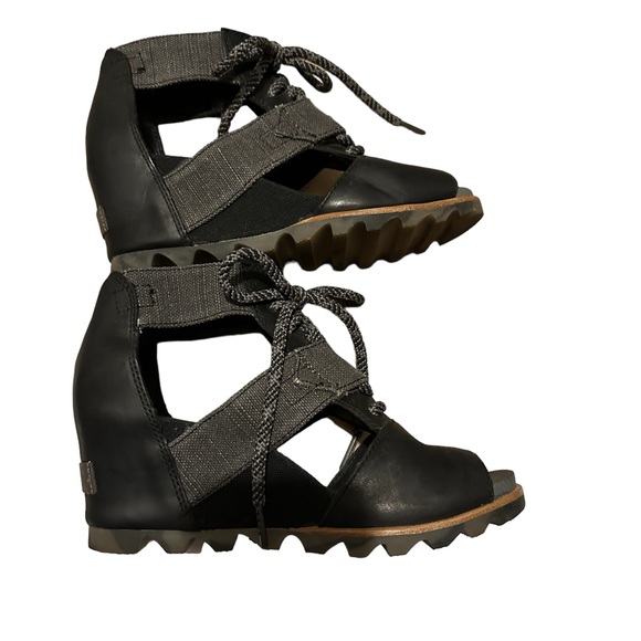 SOREL Joanie Wedge Peep-toe Sandals  with laces on Black with Gray Size 7 !! - Picture 4 of 11